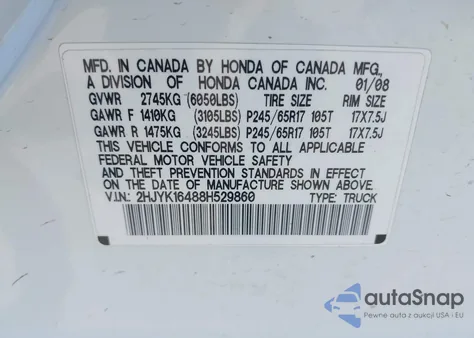 2008 Honda Ridgeline Rts z USA, uszkodzony, nr VIN 2HJYK16488H529860